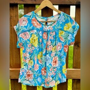 LOFT Colorful Floral Blue Blouse Top